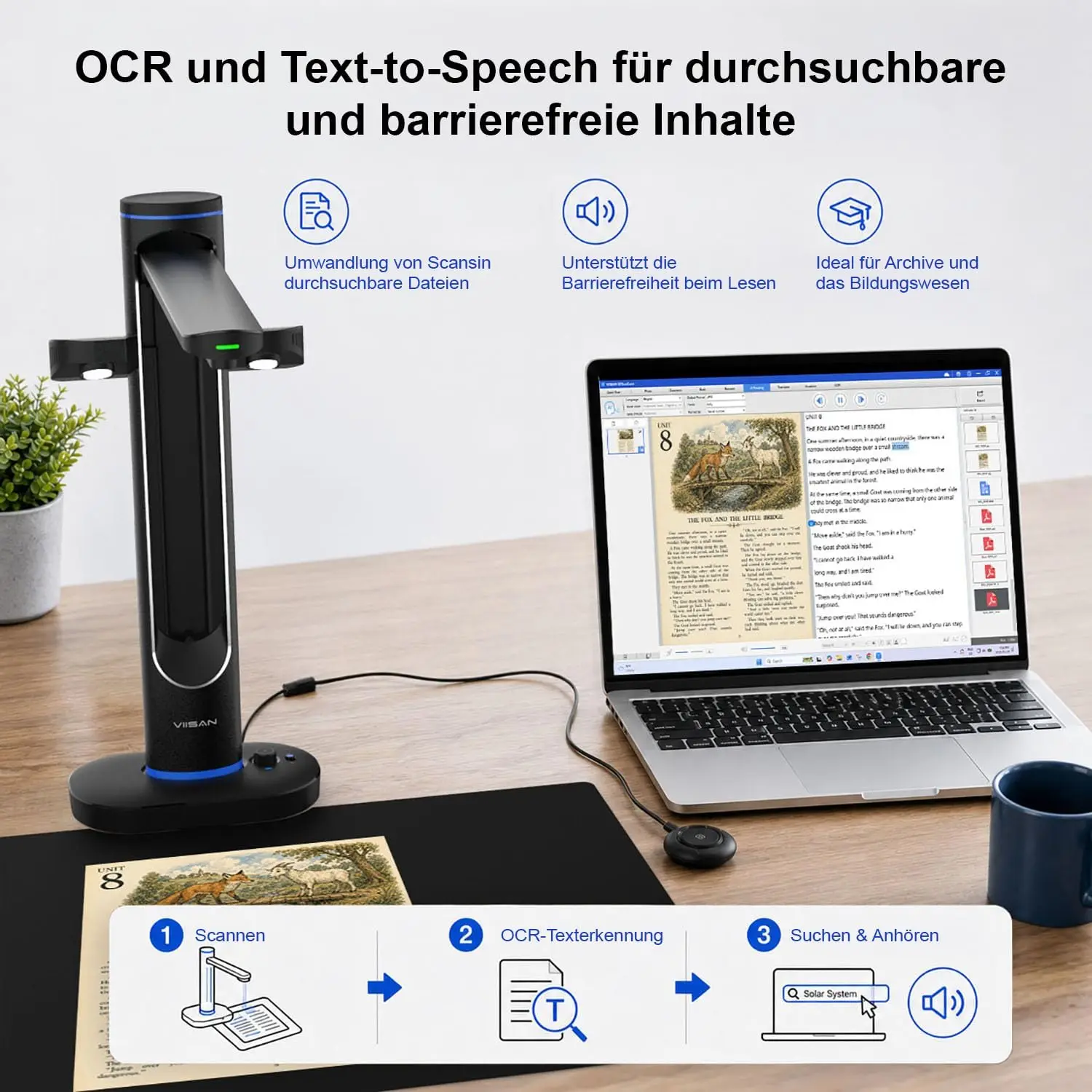 VIISAN S48 Duo Overhead Book Scanner - A2/A3 Large Format, Dual 48MP, 600 DPI with OCR & Text-to-Speech for Archiving Distance view 3