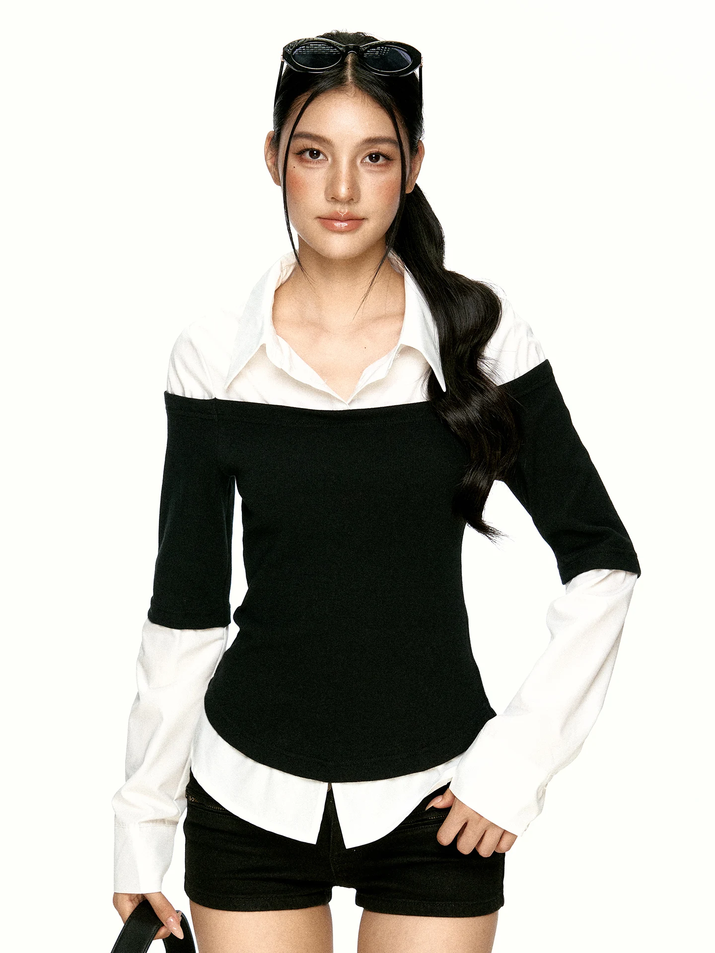Aaisup Slim Fit Knitted T-Shirt Women's Casual Style Long Sleeve Base Layer Shirt Trendy Patchwork Design Autumn Initial