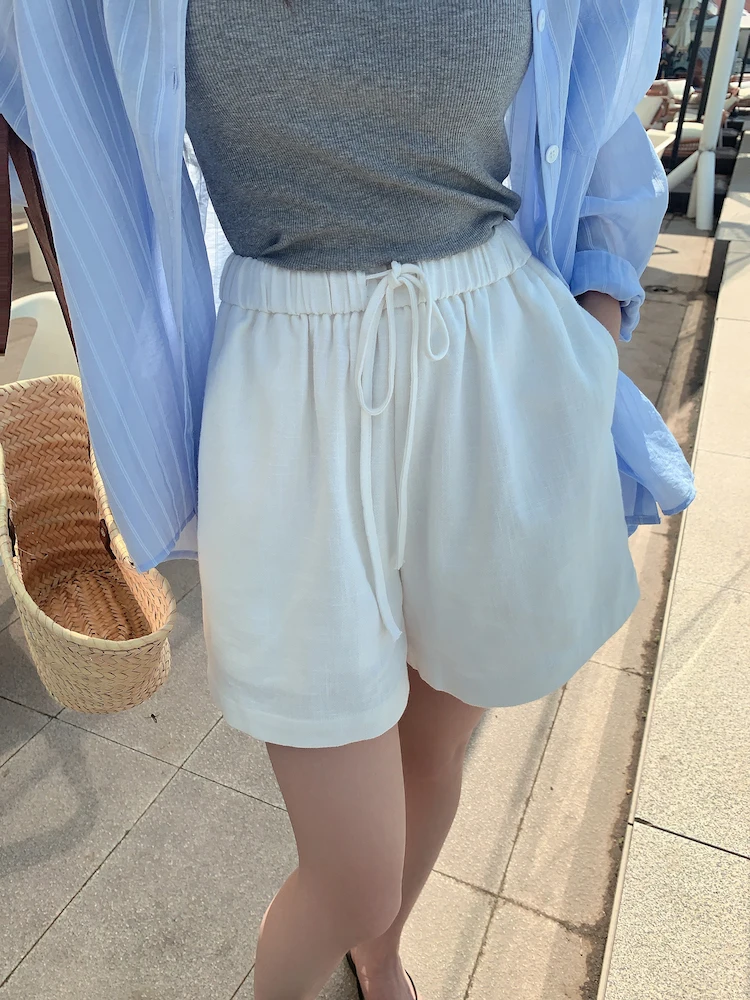 

Летние повседневные женские брюки с высокой талией и широкими штанинами из хлопка и льна, с завязками, утягивающие, на эластичной резинке, в корейском стиле