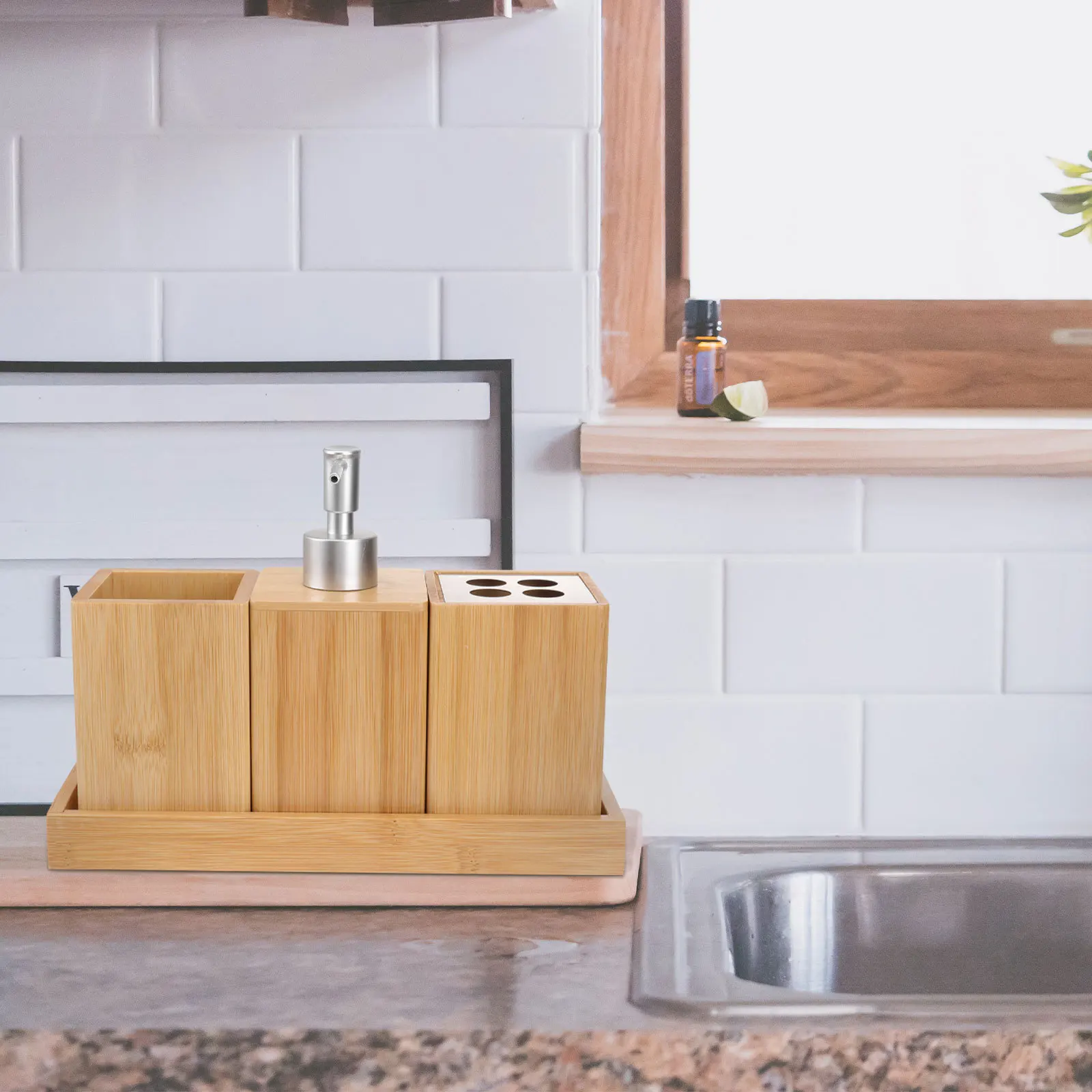 

4Pcs Eco Friendly Bamboo Bathroom Set Wood Ceramic Toothbrush Holder Cup for Modern Bathroom Decor Bamboo Accessories