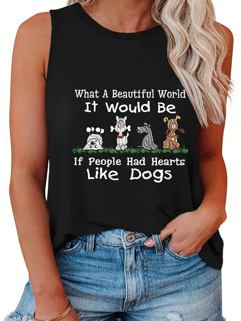 What a Beautiful World & Cute Dogs Print Sleeveless Tshirt Tank Tops Summer Women for Daily Wear