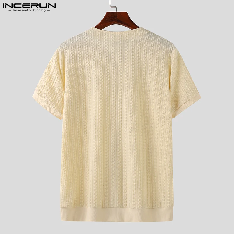 INCERUN Men Shirt Solid Color V Neck Short Sleeve Streetwear Summer Men Clothing Korean Style 2024 Knitted Fashion Male Shirts