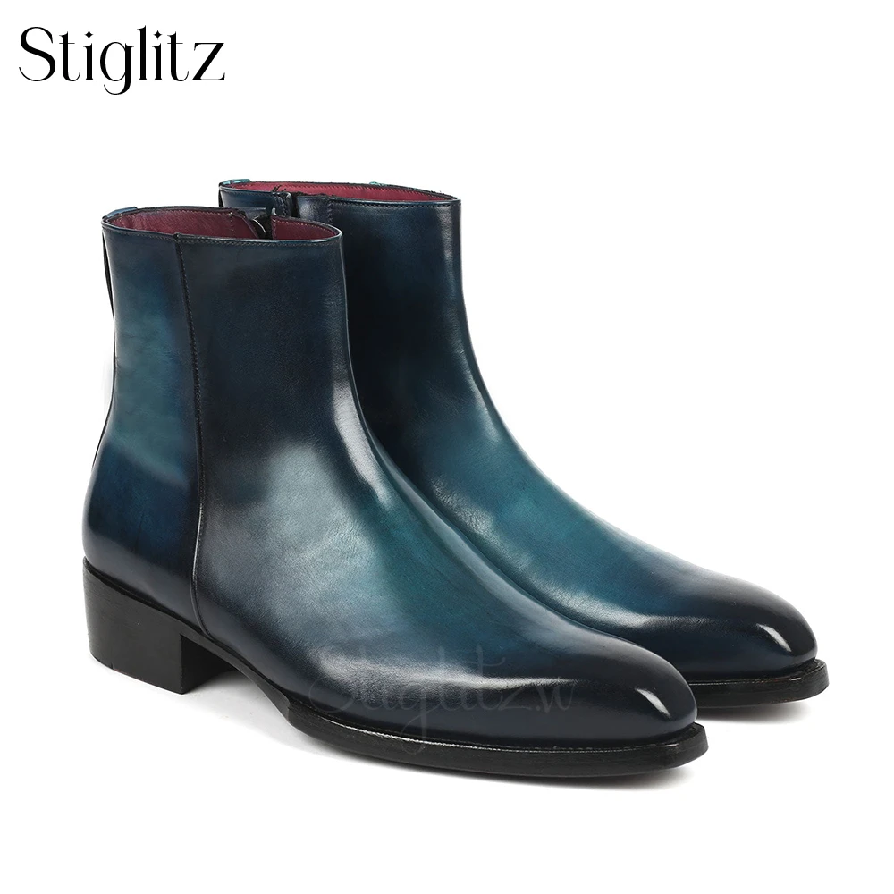 

Genuine Leather Zip Men's Ankle Boots Hand Painted Designer Style Men's Formal Boots Elegant Wedding Genuine Leather Men Booties