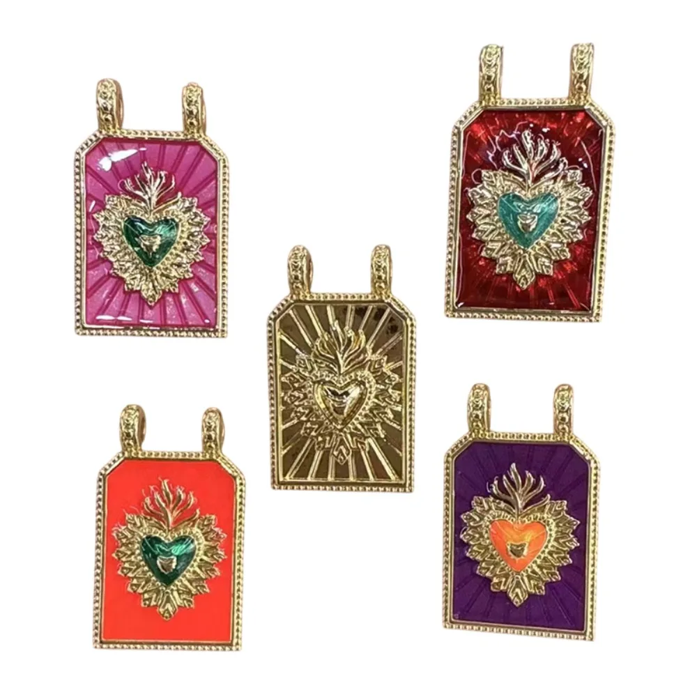 

2 Pcs New Rectangle Tarot Heart Enamel Pendant Diy Necklace Jewelry Making Brass Gold Plated Double Ear Charm Vintage Accessorie