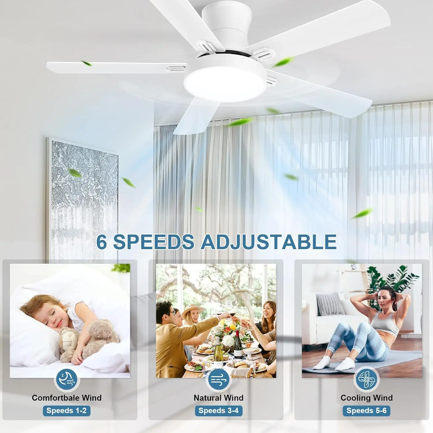 Ceiling Fans With Lights, 52 Inch Flush Mount Fan Light With Remote Control, 6 Speeds, Dc Reversible Motor, Timing, 3 Color