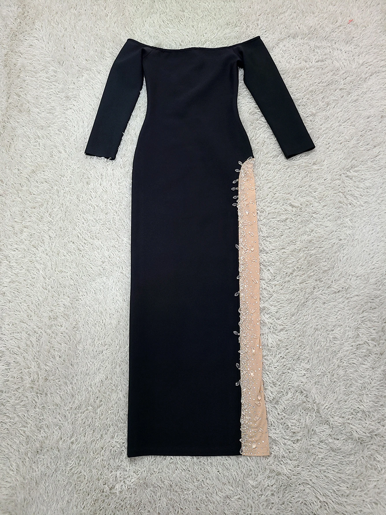 Alta qualidade feminino preto sexy fora do ombro manga comprida malha, diamante cristal bandagem vestido longo elegante celebridade vestido de festa