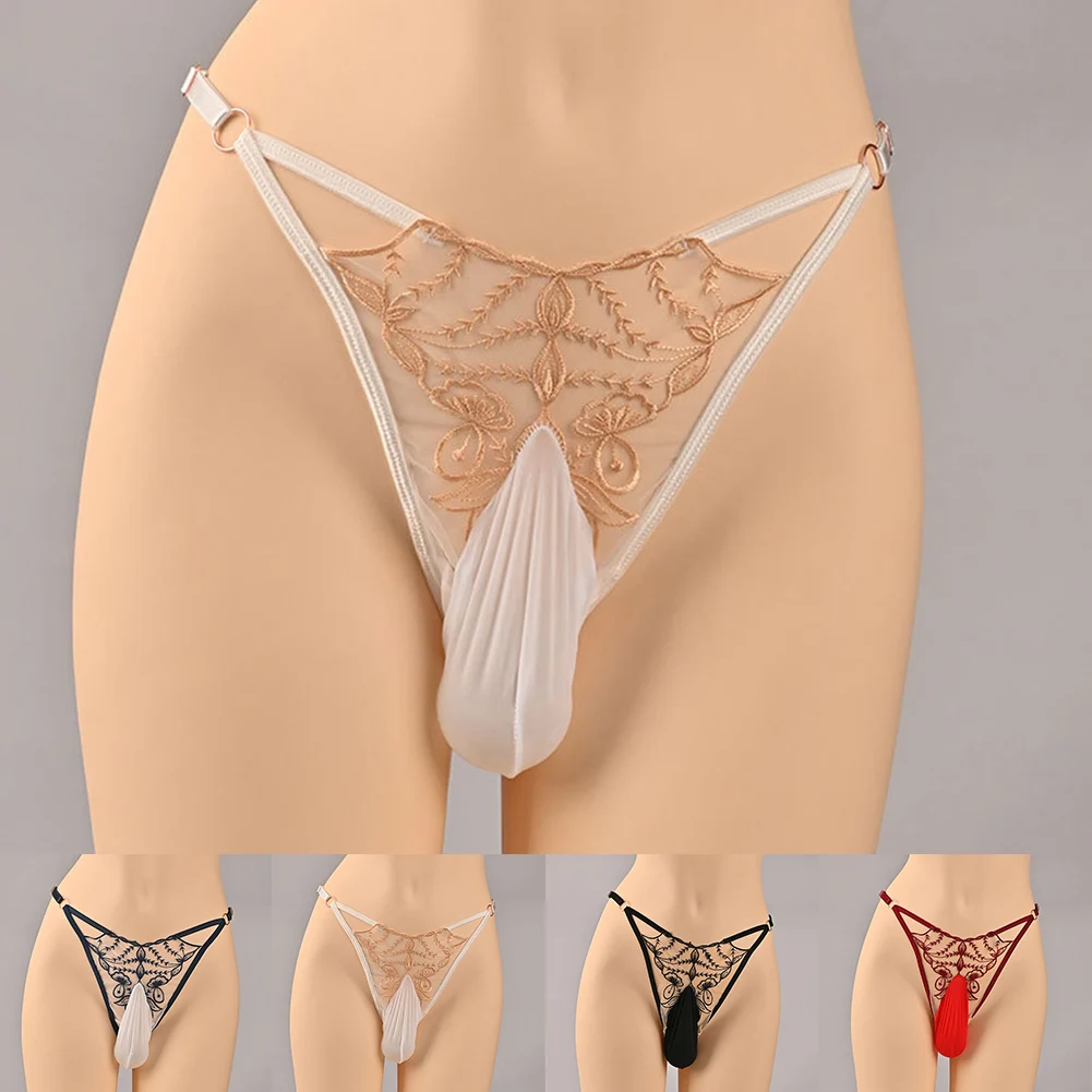 

1pc Mens Lingerie Panties Comfortable Pouch G-strings T-Back Thongs Sheer Lace Underwear Elastic Briefs Plus Size