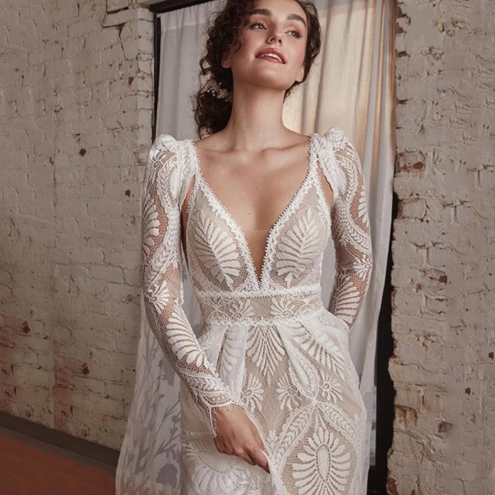 Abito da sposa senza schienale con scollo a v profondo in pizzo squisito Boho illusione Sexy con giacca a maniche lunghe da sposa romantica a-line lunghezza del pavimento