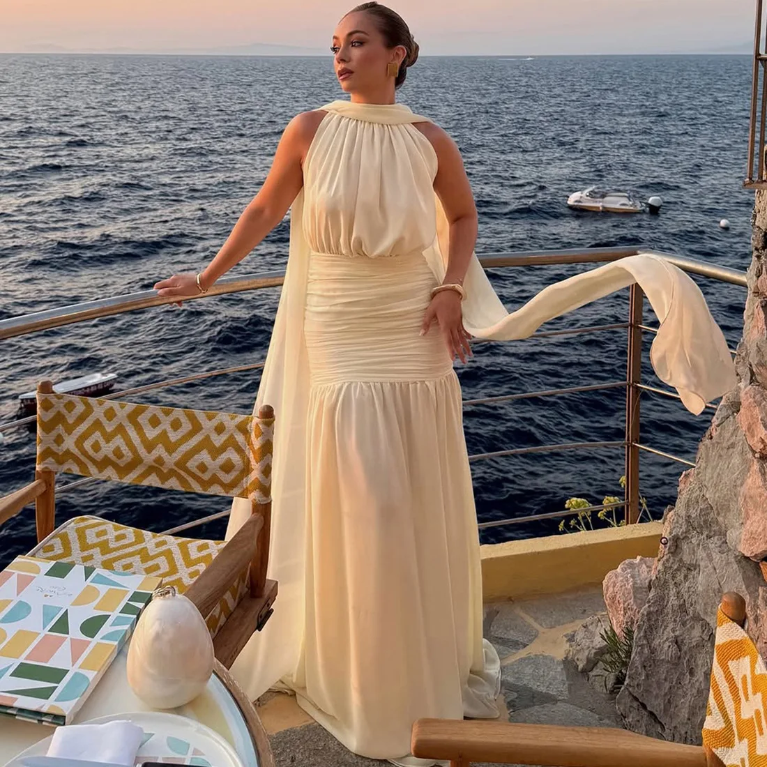 

Ruffle Pleated Chiffon Dress Evening Club Wear Dresses 2025 Women Clothes Luxury Outfits Sexy Bodycon Maxi Party V Neck Dress