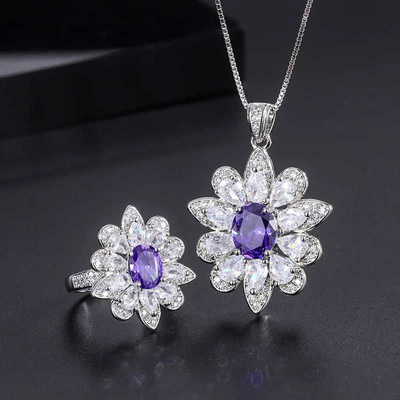 

S925 Silver Needle European and American Fashion Jewelry High-end Purple Blue Set for Women