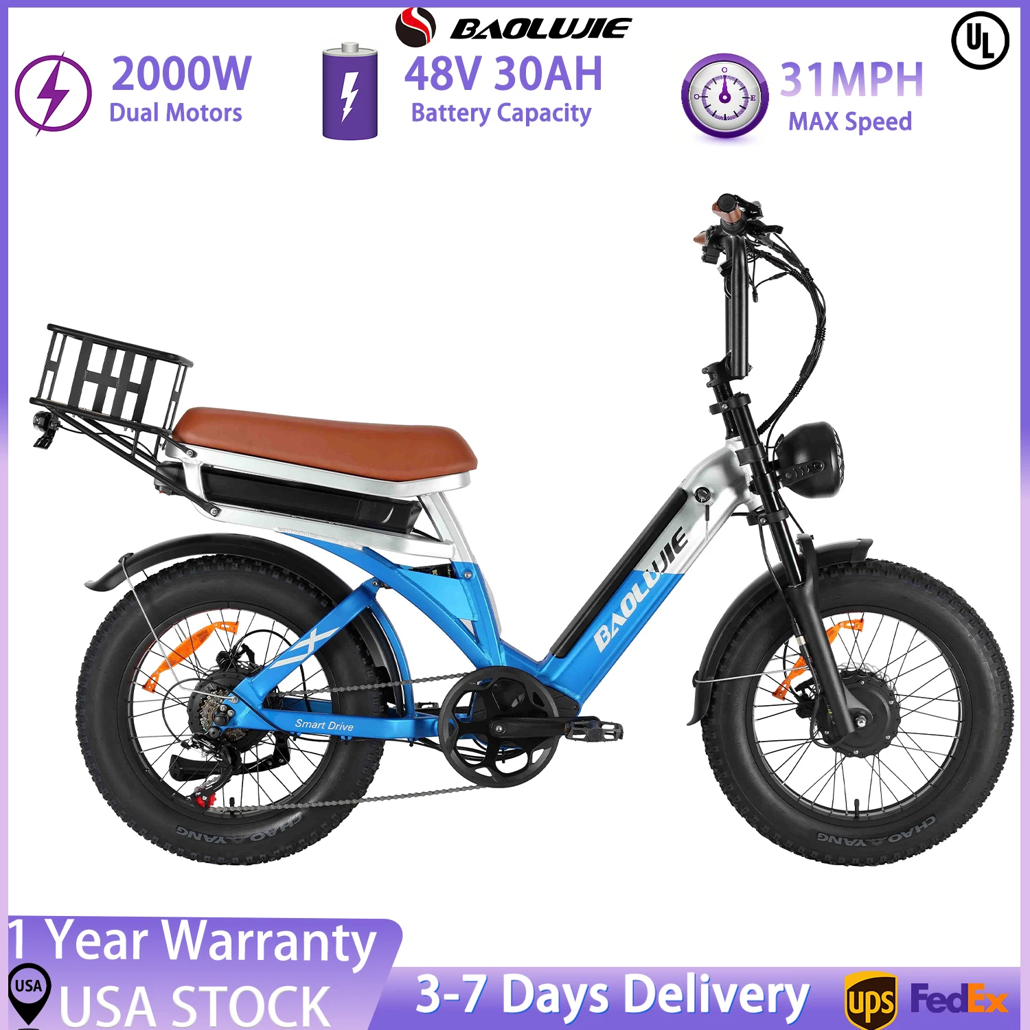 

BAOLUJIE 2033 Electric Bicycle for Adults 2000W Dual-Motor Electric Bike 48V30AH Max Speed 31MPH E- Bike UL2849【1 Year Warranty】