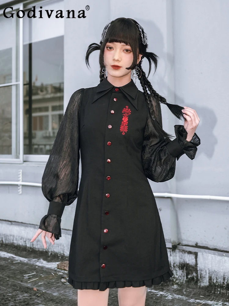 

Dark New Chinese Turn-down Collar Long-sleeved A-line Shirt Dress Femininity Lantern Sleeve Stitching Embroidered Short Dresses