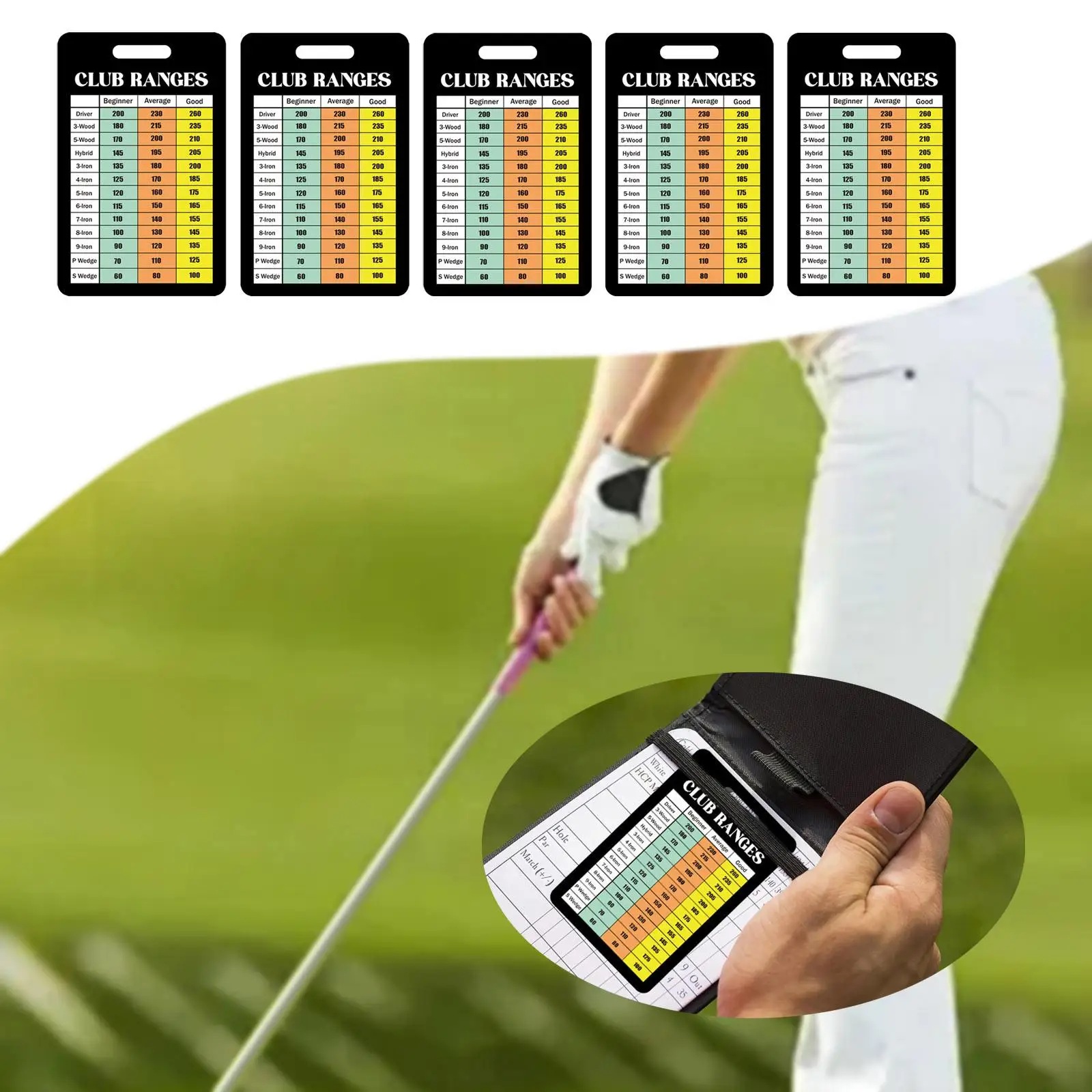 

5Pcs Golf Club Range Chart Cards Sturdy Gift Essentials Tools Range Estimation Cheat Sheets for Seasoned Golfers Men and Women