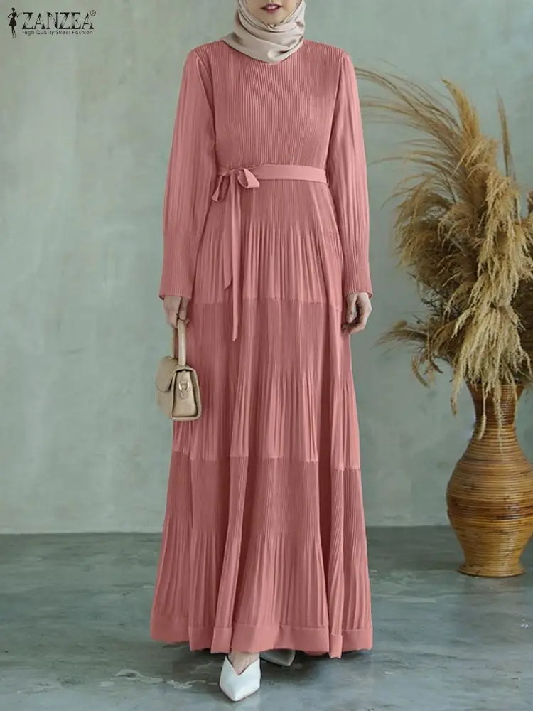 2025 ZANZEA موضة الخريف س الرقبة فستان بكم طويل المرأة رداء فساتين مسلمة عباية ماكسي طويل Vestidos الصلبة مطوي فستان الشمس #5