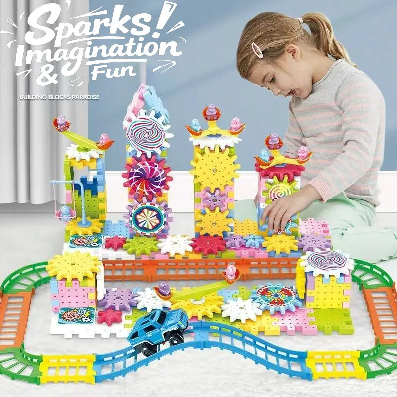 Motorized Spinning Gears Kids Electric Gear Building Toy Set Gear Rail Car Big Building Blocks STEM Construction Toy Set Gifts
