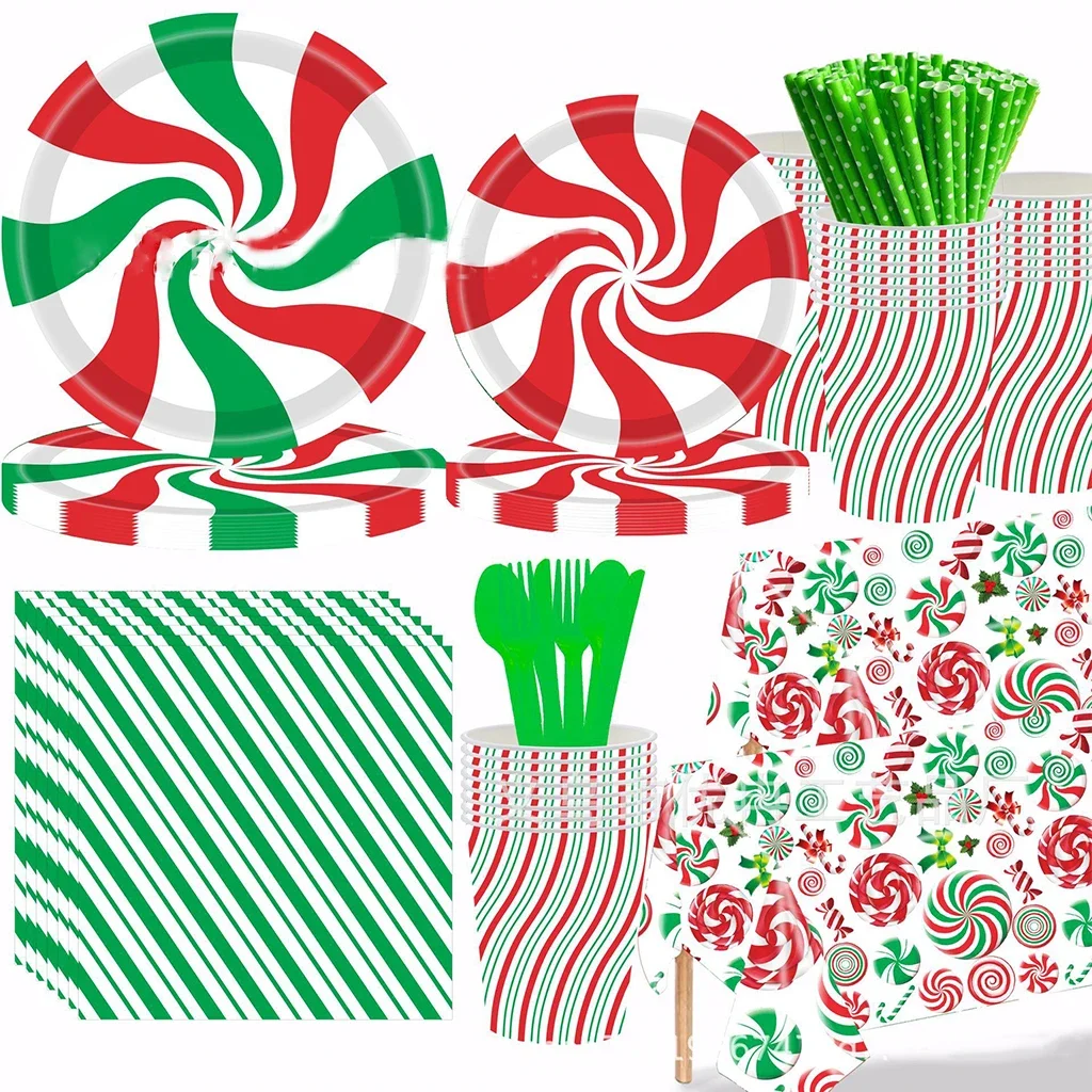 

2024 Christmas Candy Party Disposable Tableware Xmas Red Green Lollipop Plates Cups Napkins Kids Merry Christmas Happy New Year