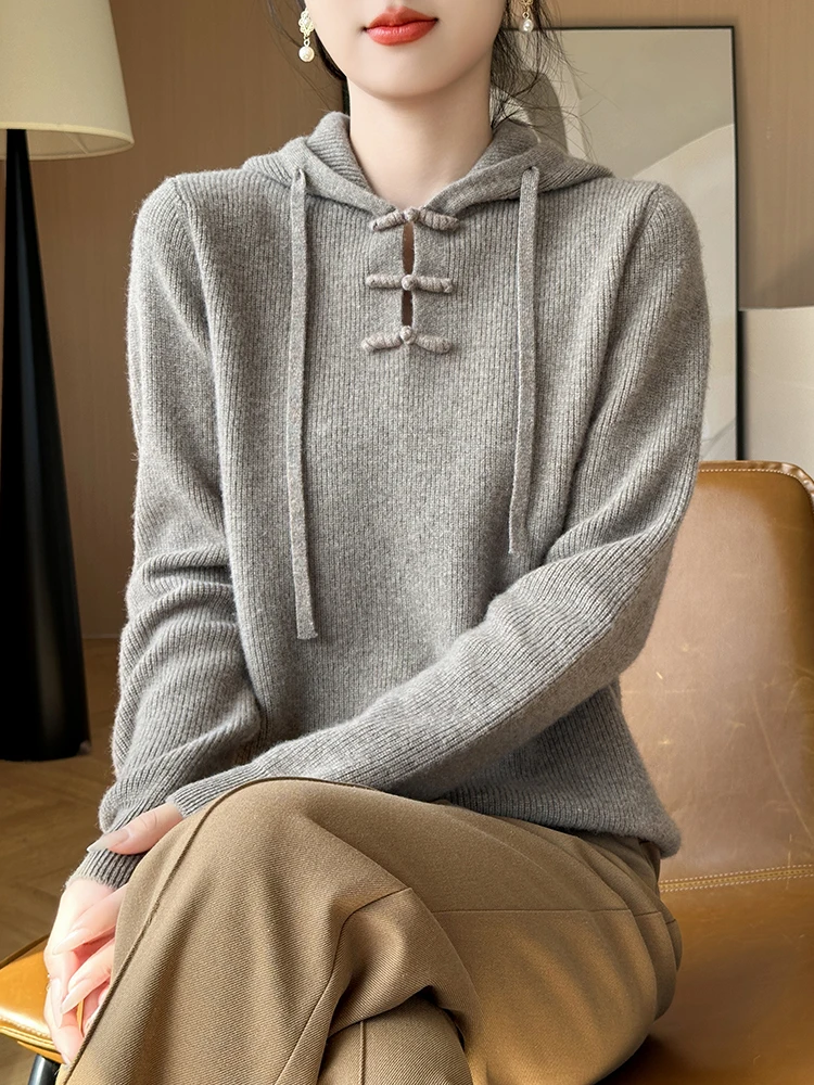 Nowy, elegancki sweter damski w stylu chińskim z kapturem, zapinany na guziki, jesienno-zimowy, wykonany w 100% z wełny merino, z regulowanym sznurkiem, swobodny, dzianinowy top.