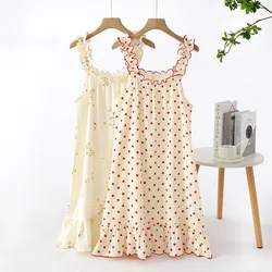 New Summer Ladies Nightdress 100% Cotton Crepe Sling Long Skirt Thin Sleeveless Mid Length Loving Ladies Home Dress plus size