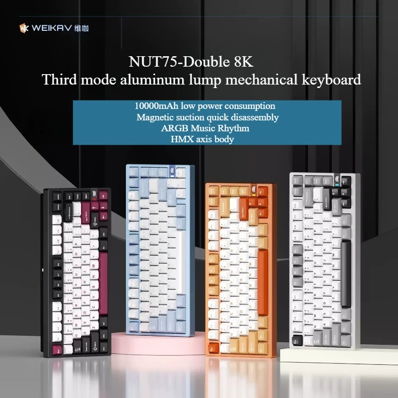 Teclado Mecânico WEIKAV NUT75 com Três Modos, Personalizado em Alumínio, Hotswap RGB, Desmontagem Rápida, Ergonômico, Teclado para Jogos de Esports
