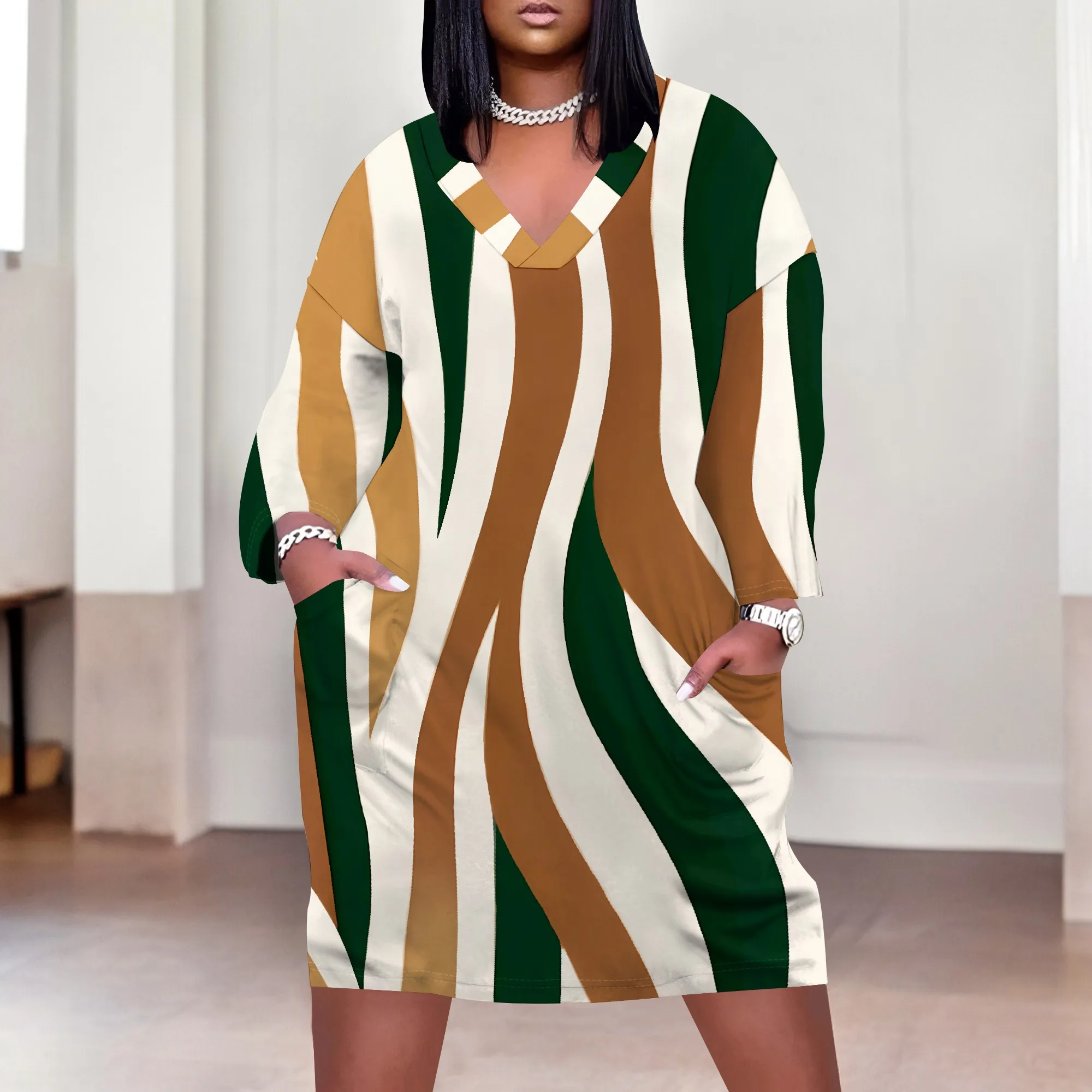 

Plus Size Women's Abstract Stripes V-Neck Dress 2025 New Arrival Casual Chic Dress XL-6XL