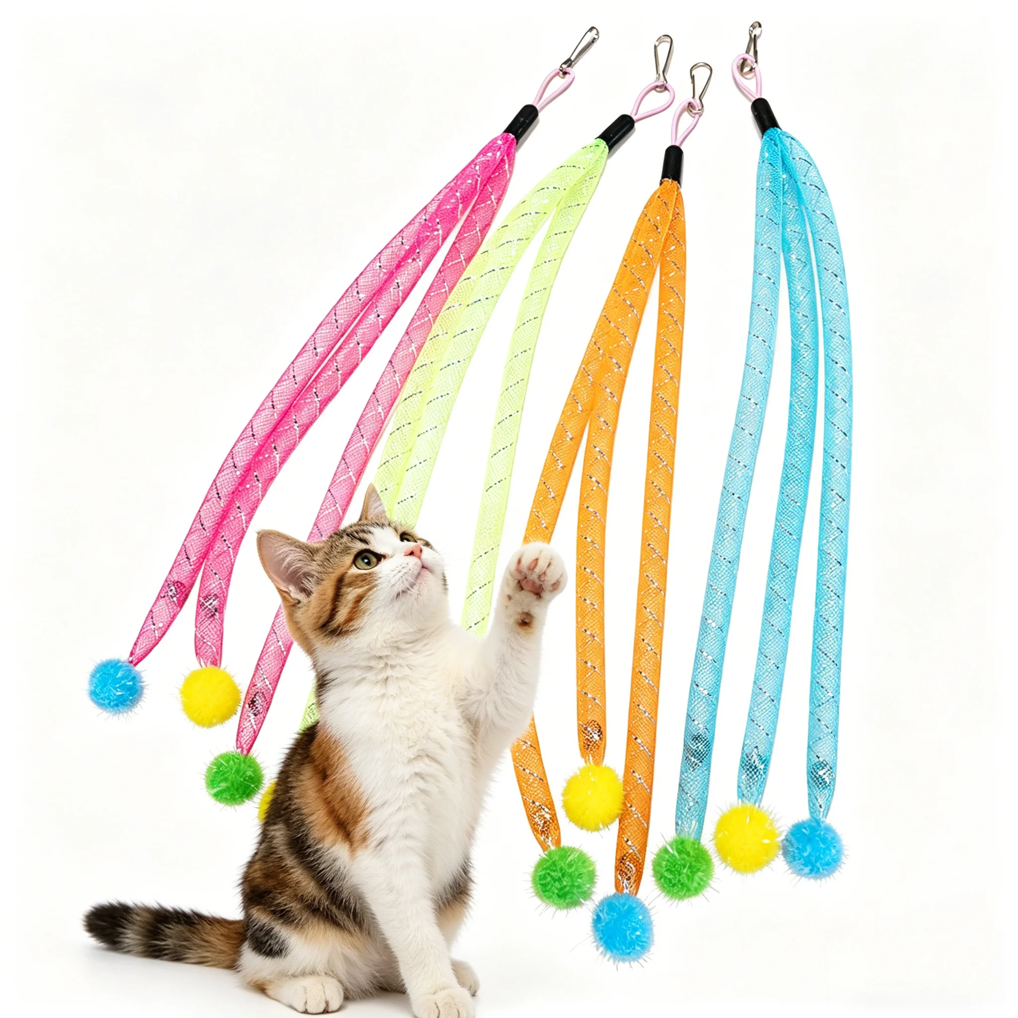 Lot de 2 recharges pour baguette à chat en maille avec pompon clochette, couleur aléatoire, jouet interactif durable pour chatons d'intérieur
