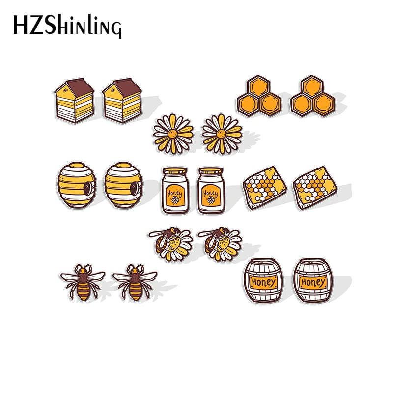 2023 New Sweet Honey Bee Stud Earring Honeycomb Acrylic Resin Earrings Epoxy Handmade Jewelry Gifts Friends