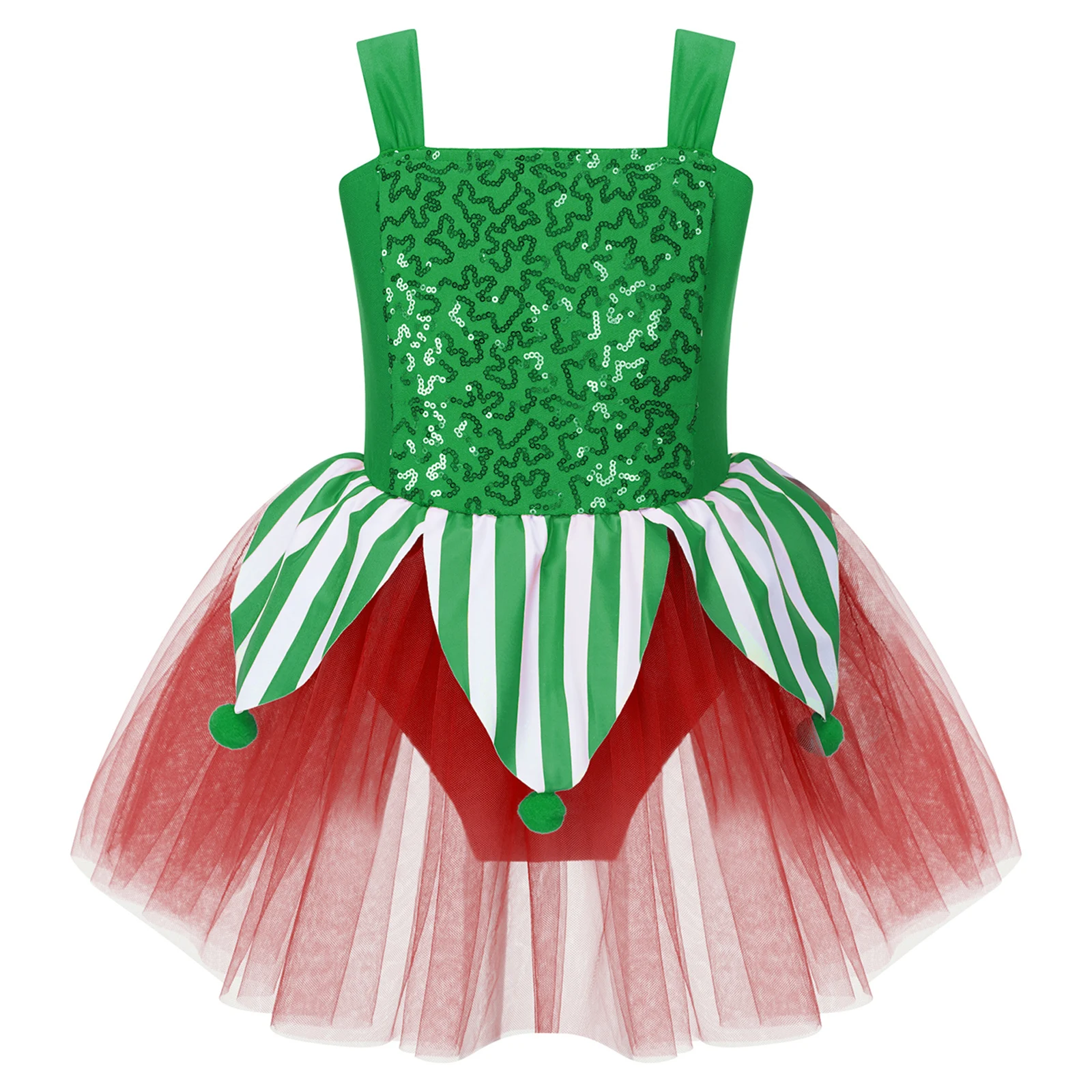 

Kids Girls Candy Cane Christmas Costume Xmas Elf Party Cosplay Dress Sequin Striped Figure Skating Ballet Dance Leotard Tutu