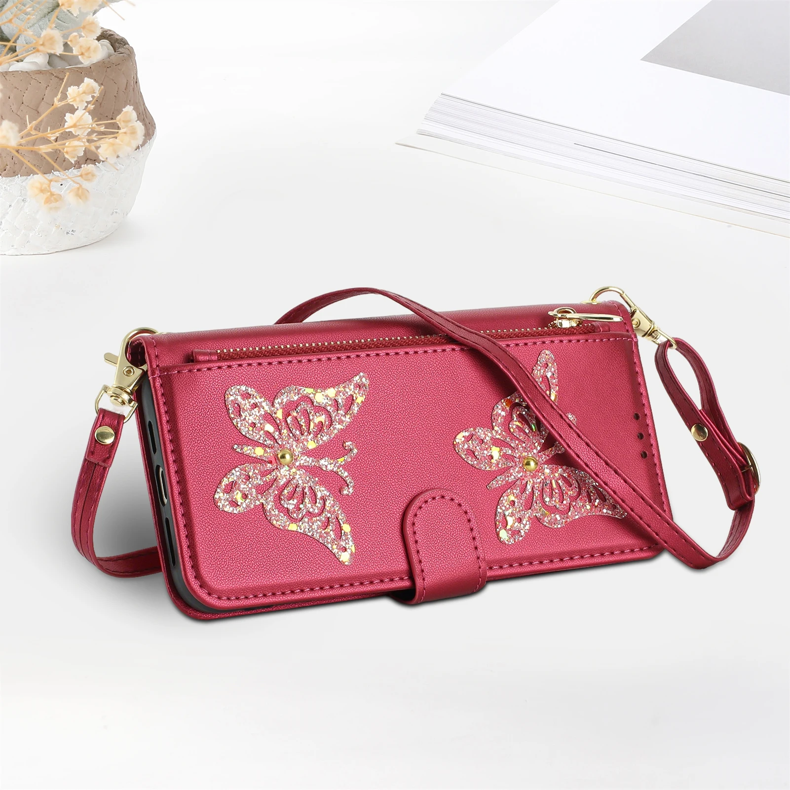 Crossbody Long Strap Glitter Butterfly Leather Phone Case For Samsung S26 Ultra S25 S24 Plus S23 S22 A17 A07 A57 A37 Cute Cover - view 3