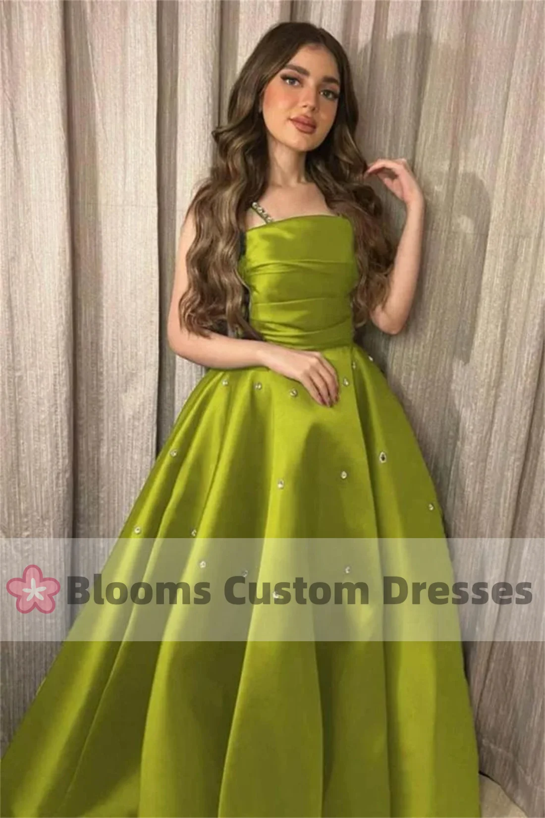 Customized Sage Green Satin Spaghetti Straps Prom Dress Beaded Prom Dress A-Line Party Gown Elegant Modern Custom Formal Dress