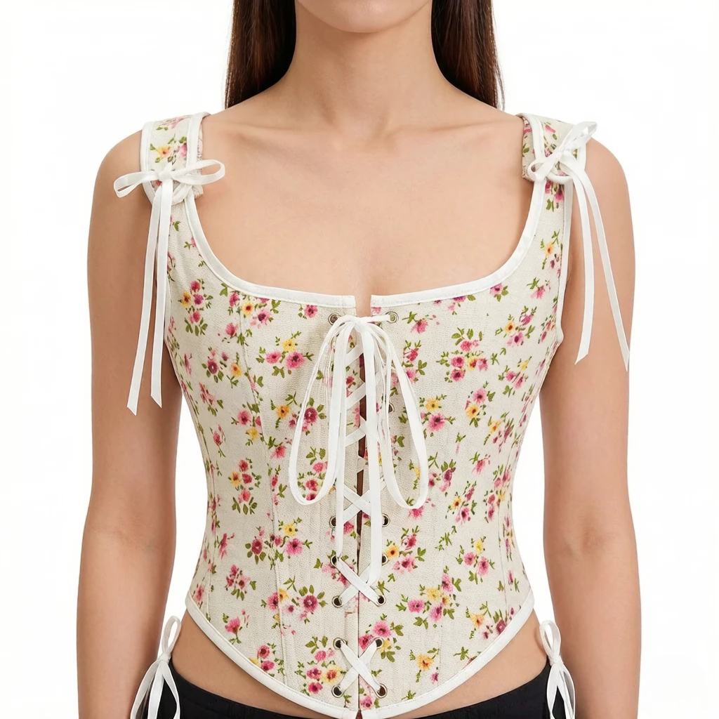 Elegant Square Neck Floral Corset Top Women Printed Lace Up Waist Trainer Ribbon Tie Vintage Casual Party Wear