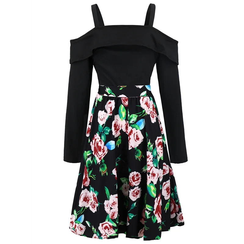 ABP-Women's Spring And Autumn Slim Fit Long Sleeve Off-The-Shoulder Floral A-Line Dress