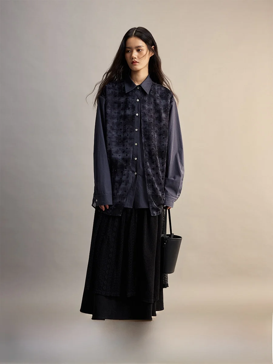 

CAREMIND Blue Tone Polka Dot Me Feel irt Jaet Long Sve Fake Two-Piece Blouse Splicing Design Casual Sle Women's irt