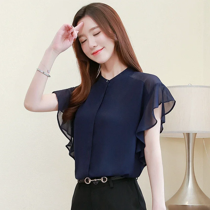 Women\'s Summer Blouses 2024 Short Sleeve Women Shirts Chiffon Blouse Chemisier Femme Womens Tops And Blouses Camisas Mujer B318