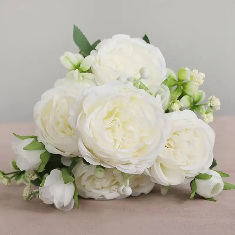 Schöne Rosen-Pfingstrose, künstliche Seidenblumen, kleine weiße Blumenstrauß-Vasen für Zuhause, Party, Winter, Hochzeit, Dekoration, günstige gefälschte Pflanze
