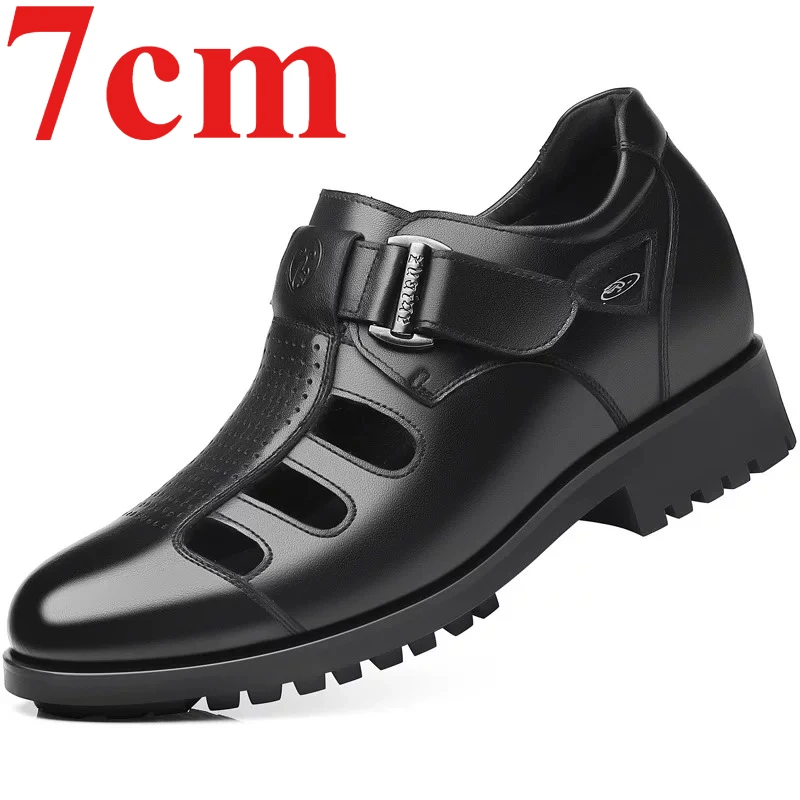 Summer Casual Elevator Sandals Shoes Men's 7cm Increase Genuine Leather Breathable Hollow Hole Large Hole Height-increasing Shoe