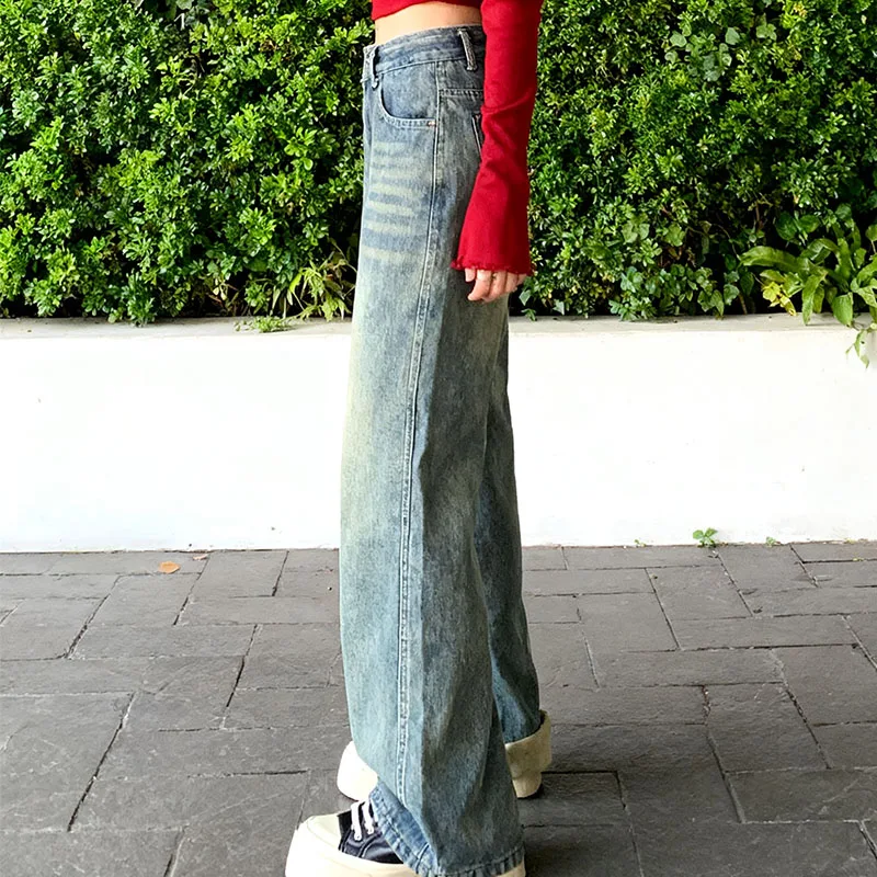 กางเกงยีนส์ผู้หญิงสไตล์วินเทจอเมริกัน Y2K ปี 2025 ทรงขากว้างเอวสูง ซับในขัดเงา ช่วยให้ดูผอมลง