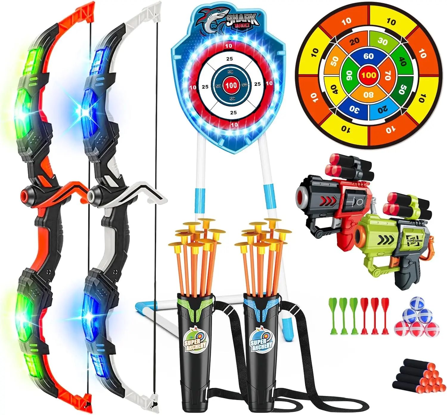 

2 Pack Bow and Arrow Toy with LED Light 4 in 1 Archery Dart Game Set with 20 Suction Cup Arrows, Shark Glow Target & Dart Board