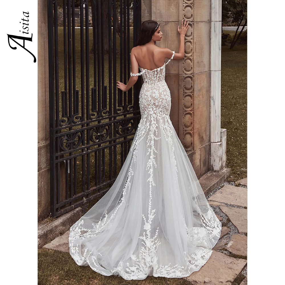 Romantic A-Line Wedding Dress 3D Lvory Lace Womens Dresses Off Shoulder Floral Straps Elegant and Pretty Women's Dresses Vestido