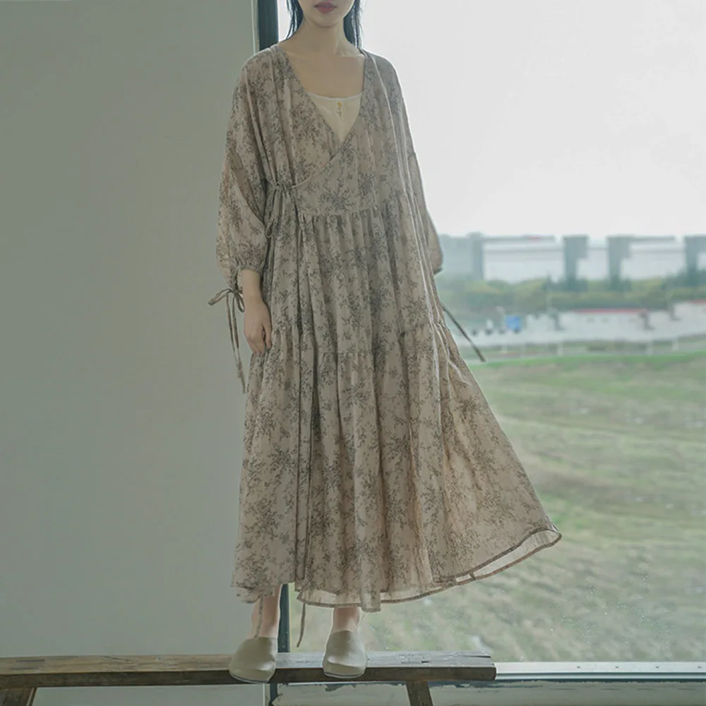 Französischer Stil Baumwolle Casual Wrap Before Floral Boho Lange Kleider Damen Puffärmel Sommerfalte Strandtunika Elegantes Turmkleid