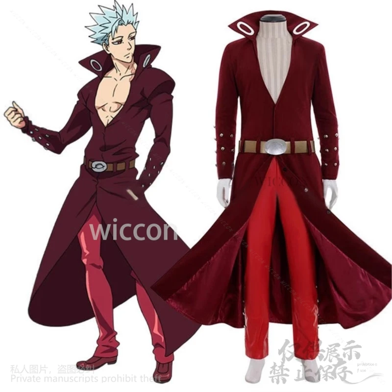 Anime The Seven Cosplay Deadly Sinss Costume Ban Fox's Sin Of Greed Long Red Deep V Coat Pants Y2K Punk Uniform Wigs Customized