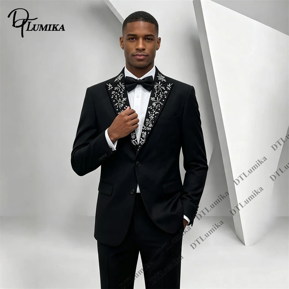 Classic Rhinestone Shawl Lapel Tuxedo Two Piece Formal Suit Set Wedding Groom Suits Custom Fitting Party Prom Banquet Suits