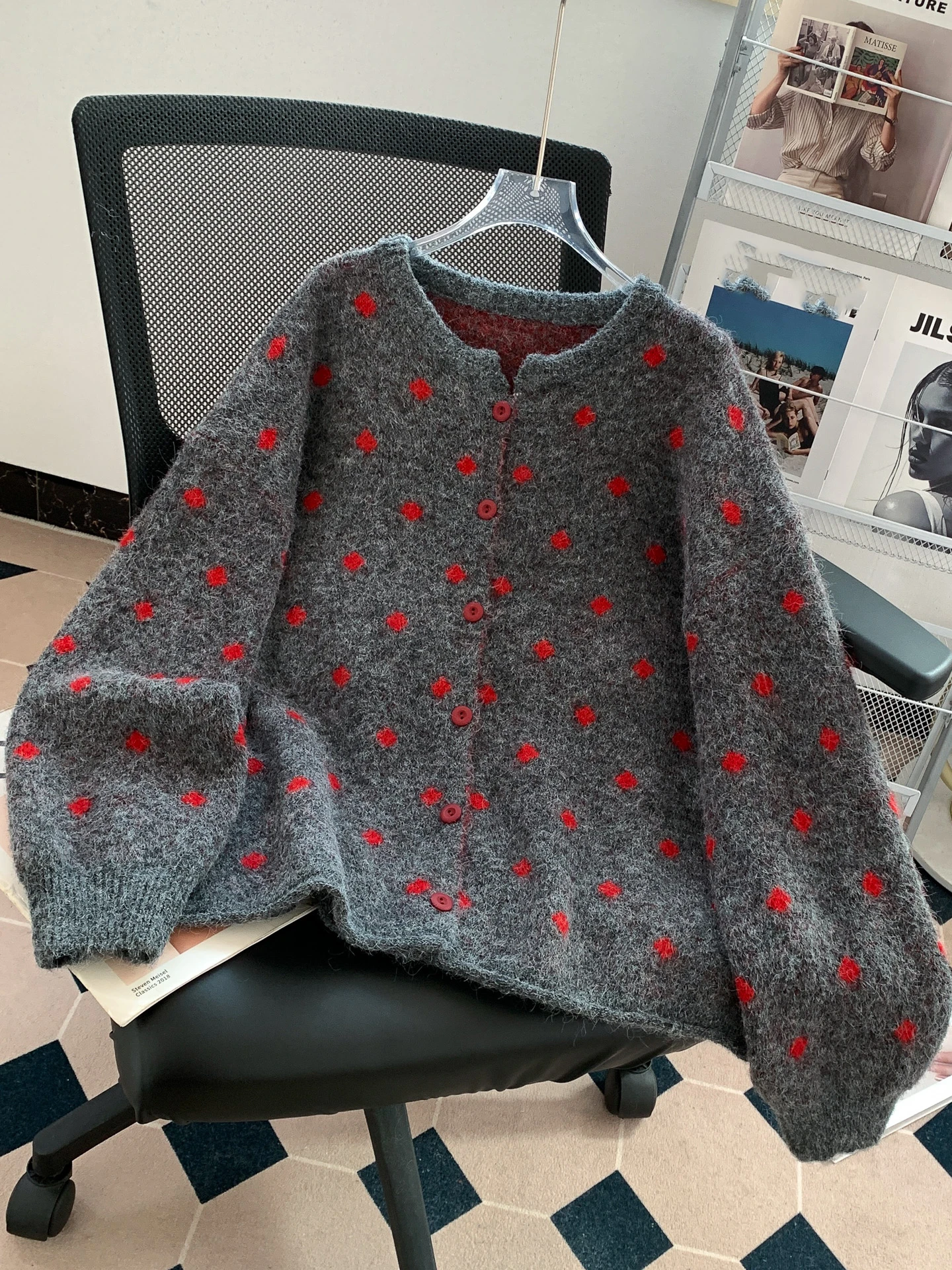 

Lazy-style Polka Dot Women Cardigan Casual Loose Long Sleeve Round Neck Knitted Sweater with Scarf Single Breasted Knitwear Tops