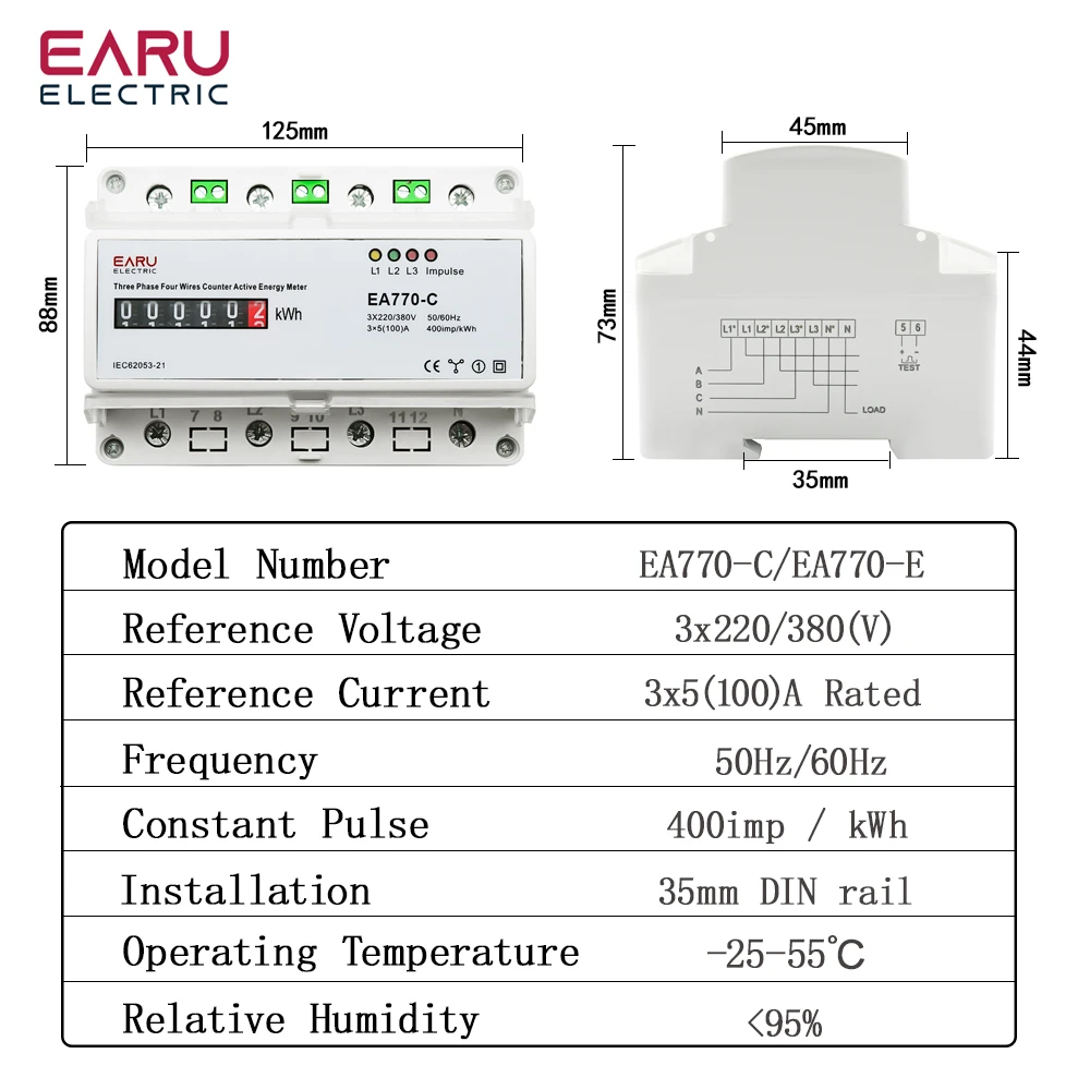 Three Phase Four Wires Eelectronic Active Energy Meter kWh Power Consumption Monitor DIN Rail 50/60Hz 3*5(100)A 50/60Hz  LCD LED