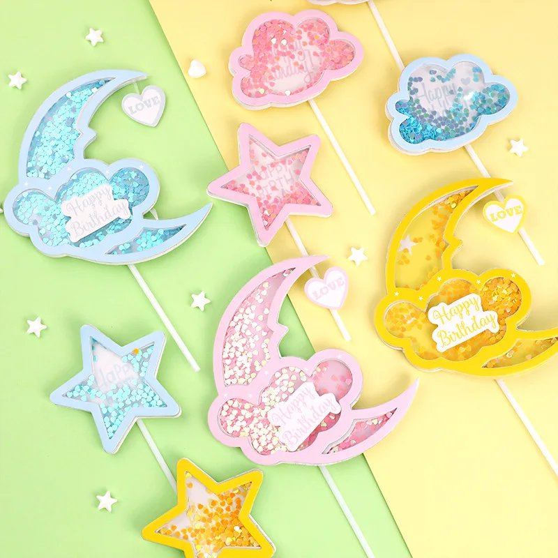 

Pink Blue Star Moon Princess Cake Topper Shiny Sequins Girl Kid Birthday Party Favor Gift Baby Shower Baking Supplies