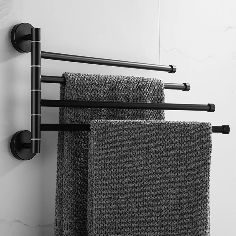 Towel Holder Rack Stainless Steel Swivel Towel Bar Hanger Movable Foldable Wall Mount Towel Rail Black Bathroom Storage