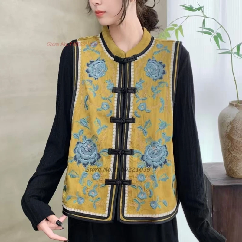 

2025 г., жилет с национальной цветочной вышивкой и воротником-стойкой, атласный жаккардовый народный жилет в стиле ретро, традиционные топы ханьфу, этническая куртка без рукавов