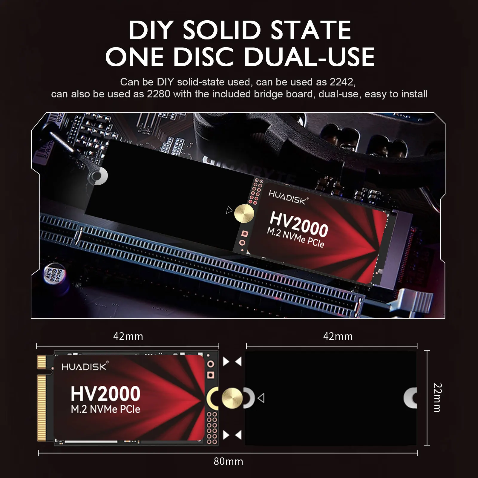 HUADISK 2IN1 2242 2280 NVMe M2 SSD 128GB 256GB 512GB 1TB M.2 PCIe3.0X4 Solid State Drive Internal NVMe HD DISK untuk DIY PC Laptop