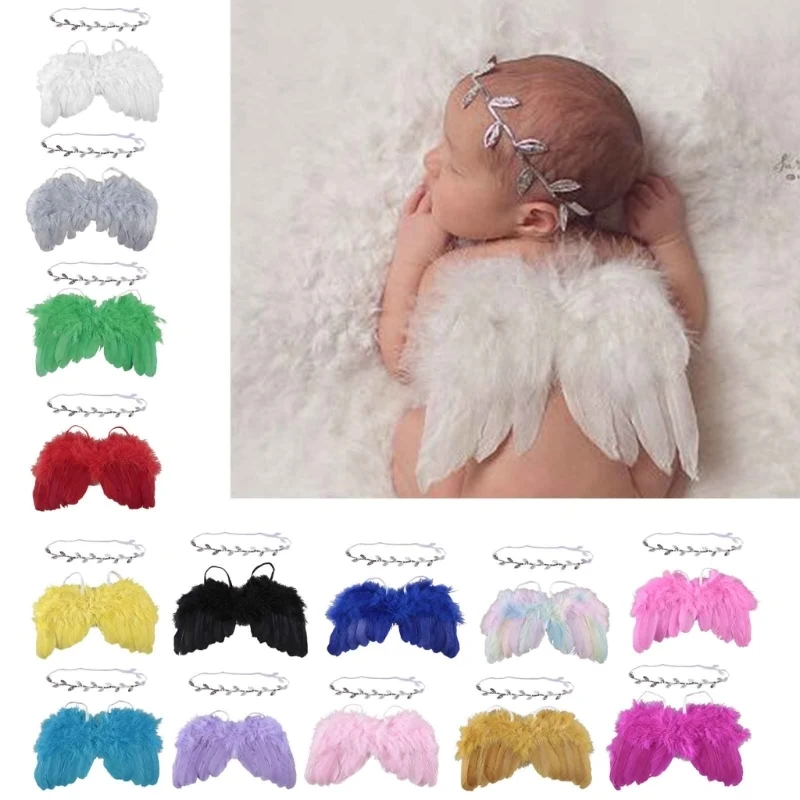 Newborn to 12 Months Baby Cosplay Angel Fairy Costume Wings with Leaves Headband Baby Photography Props Infants Girls Photoshoot