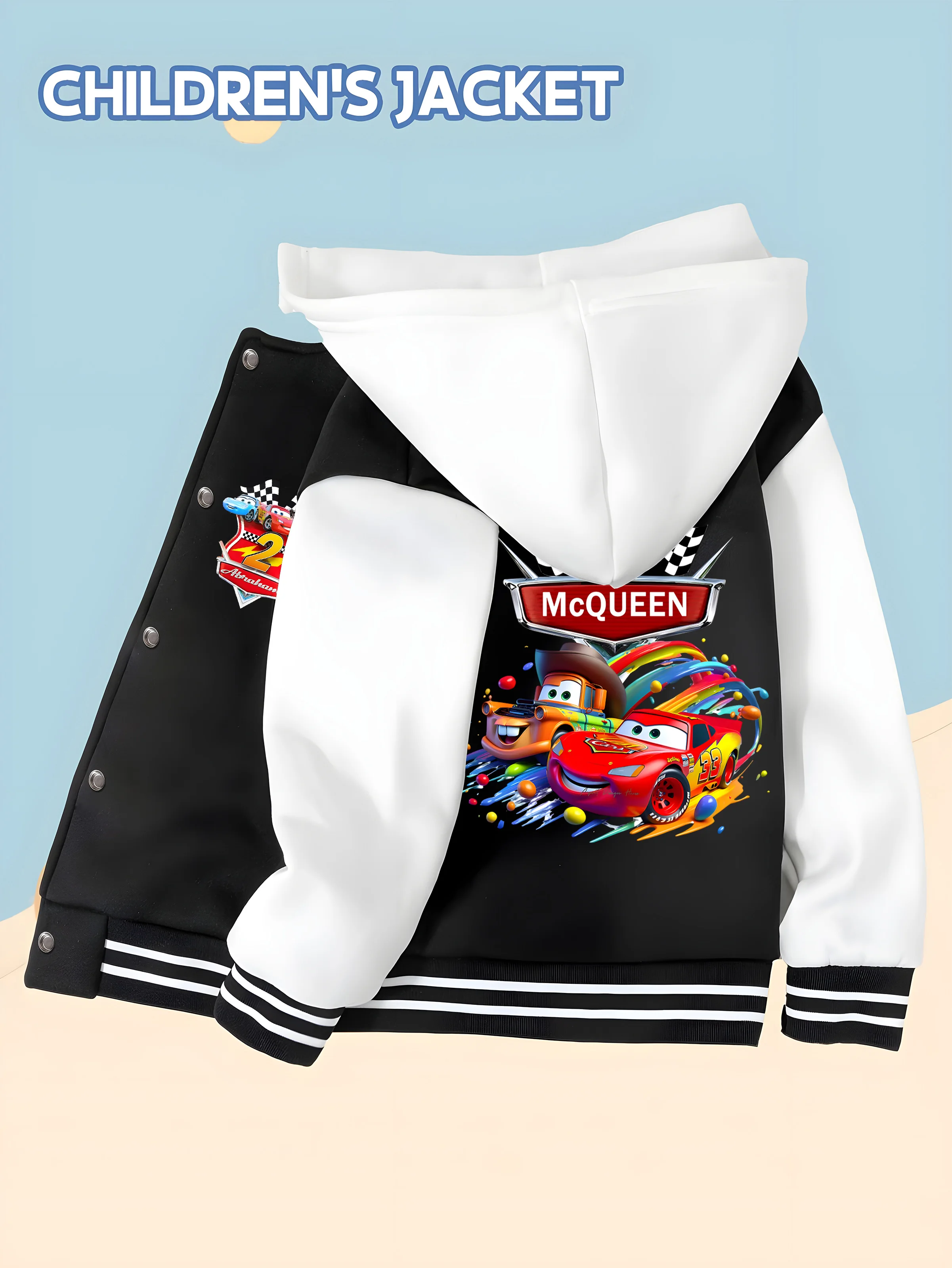 

MINISO Cars Boys' Baseball Jacket - Colorful Racing Team Print, Racing Theme, Disney, Durable Fabric