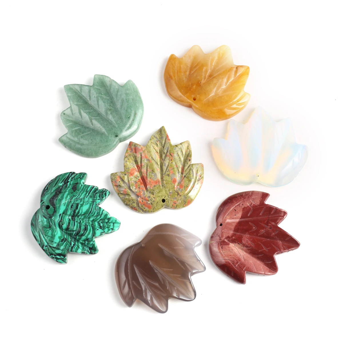 5PCS Carved Natural Stone Green Aventurine Jade Opal Maple Leaf Shaped Pendant Jewelry Making DIY Necklace Accessories Gift